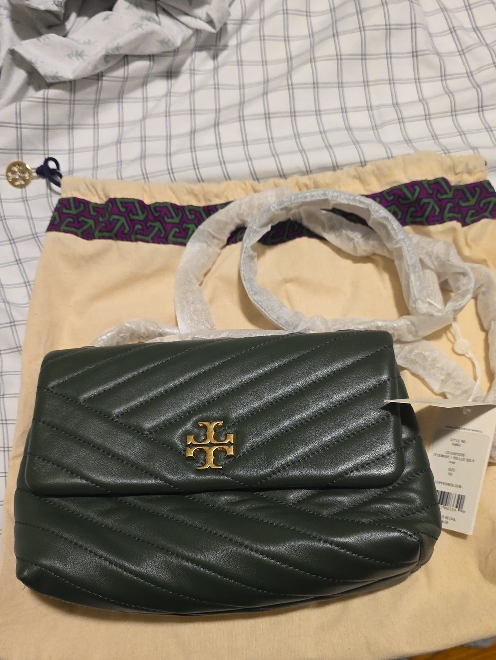 Tory Burch Dark Green Quilted Leather Shoulder Bag with Gold Logo